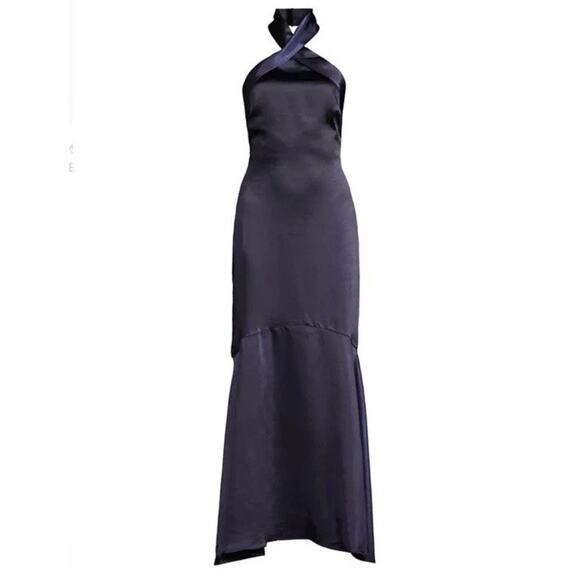 SNAGS -ELLIATT Size Small Angie Flared Satin Halter Gown In Navy Blue Maxi Dress - Picture 1 of 15